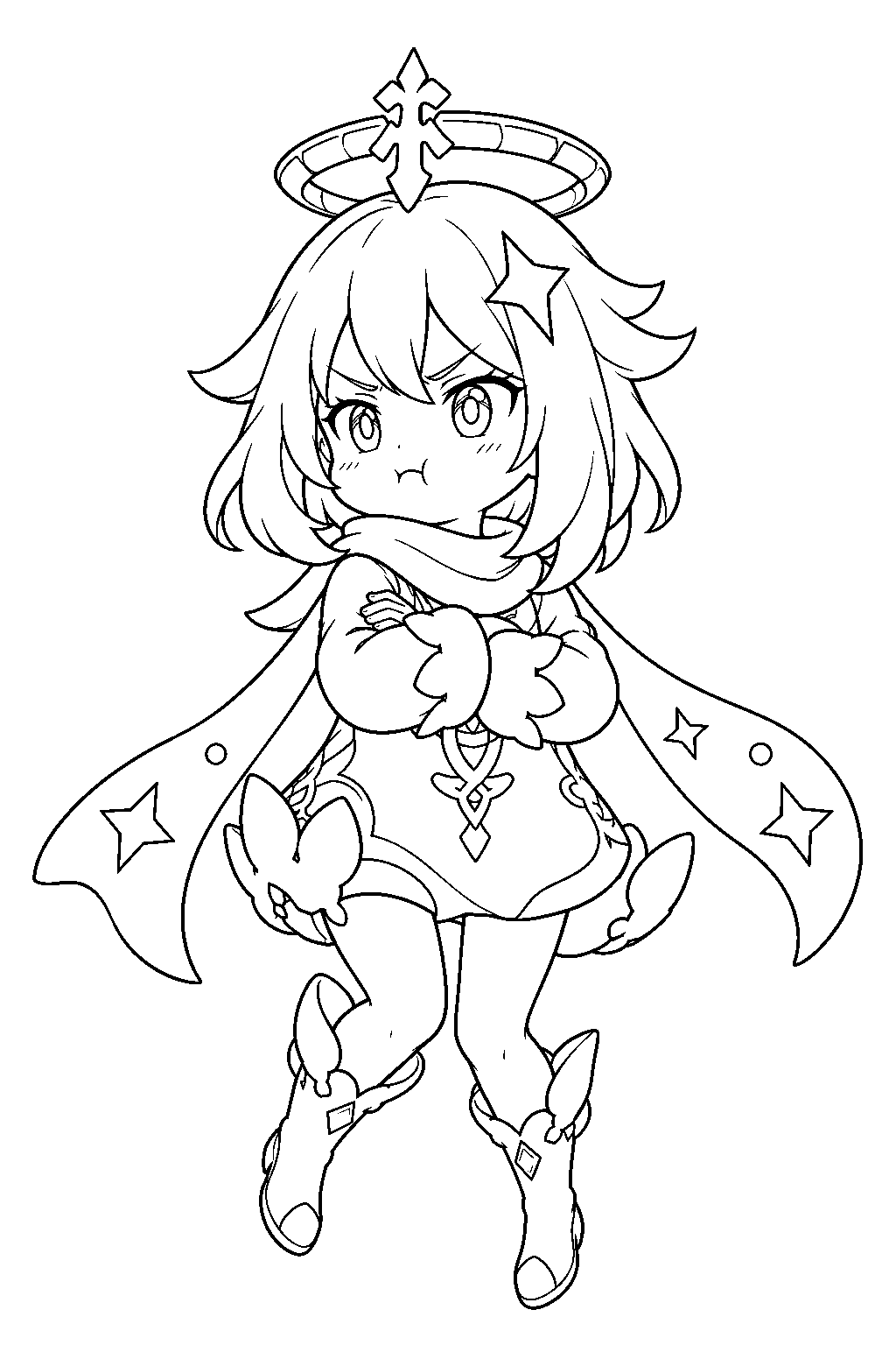 genshin impact paimon puffing her cheeks and folding her arms at the emergency food joke line art