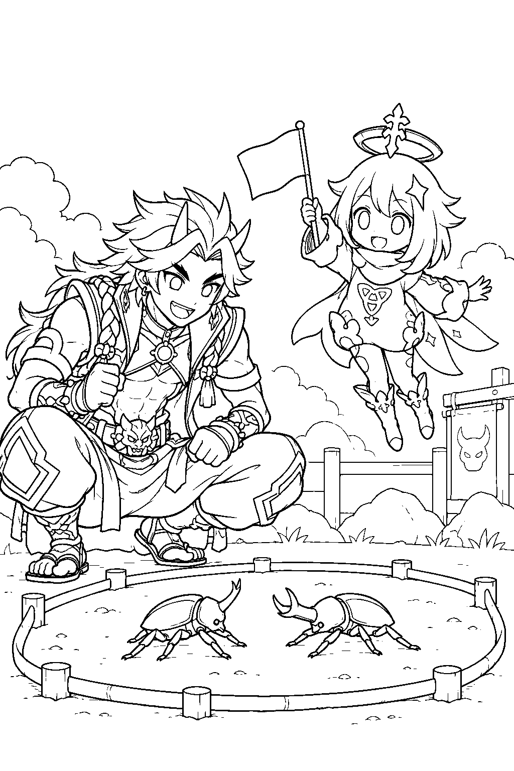 genshin impact paimon refereeing arataki itto s onikabuto beetle battle line art