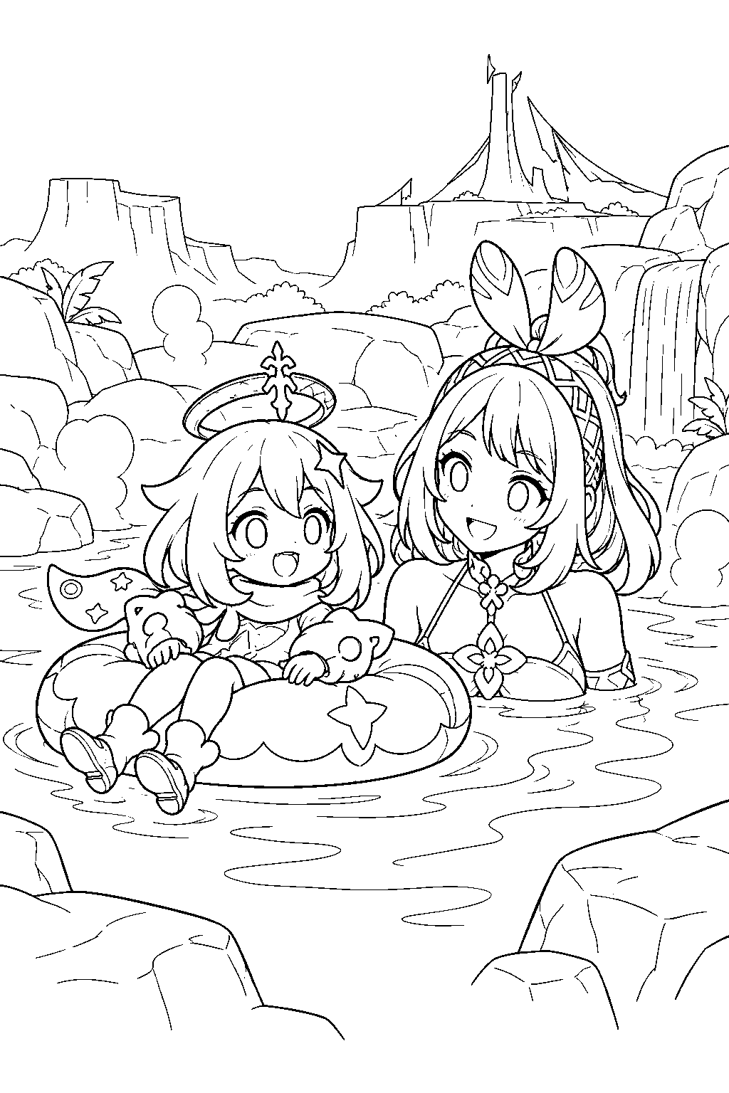 genshin impact paimon relaxing in a swim ring beside mualani in natlan s hot springs line art