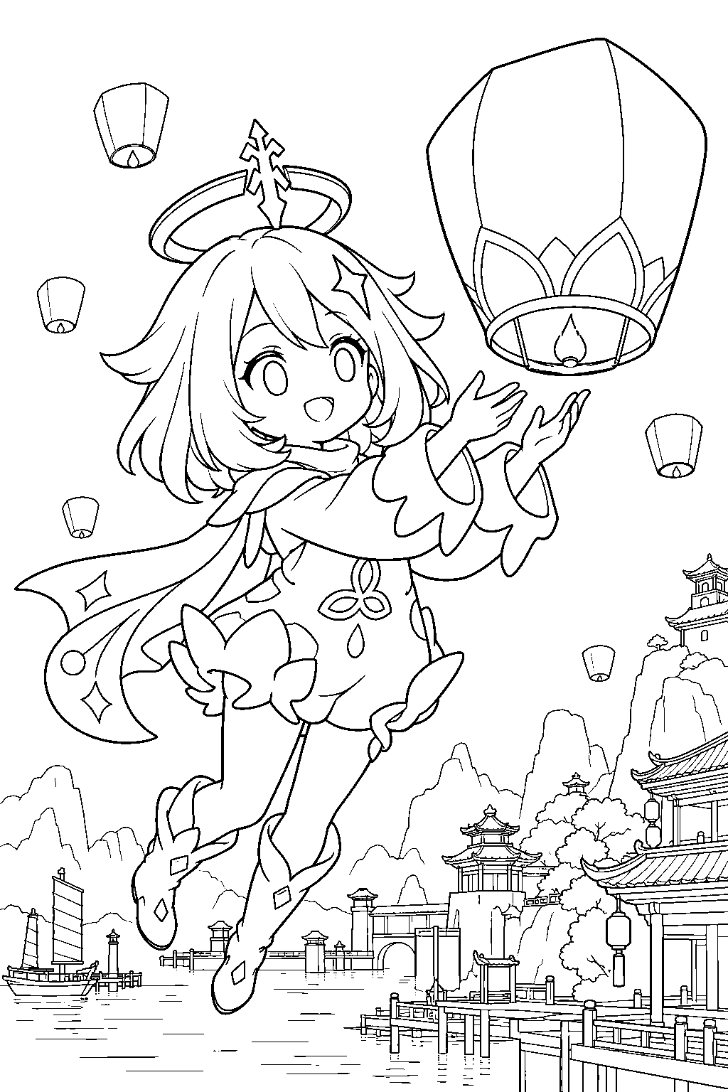 genshin impact paimon releasing a xiao lantern over liyue harbor during lantern rite line art