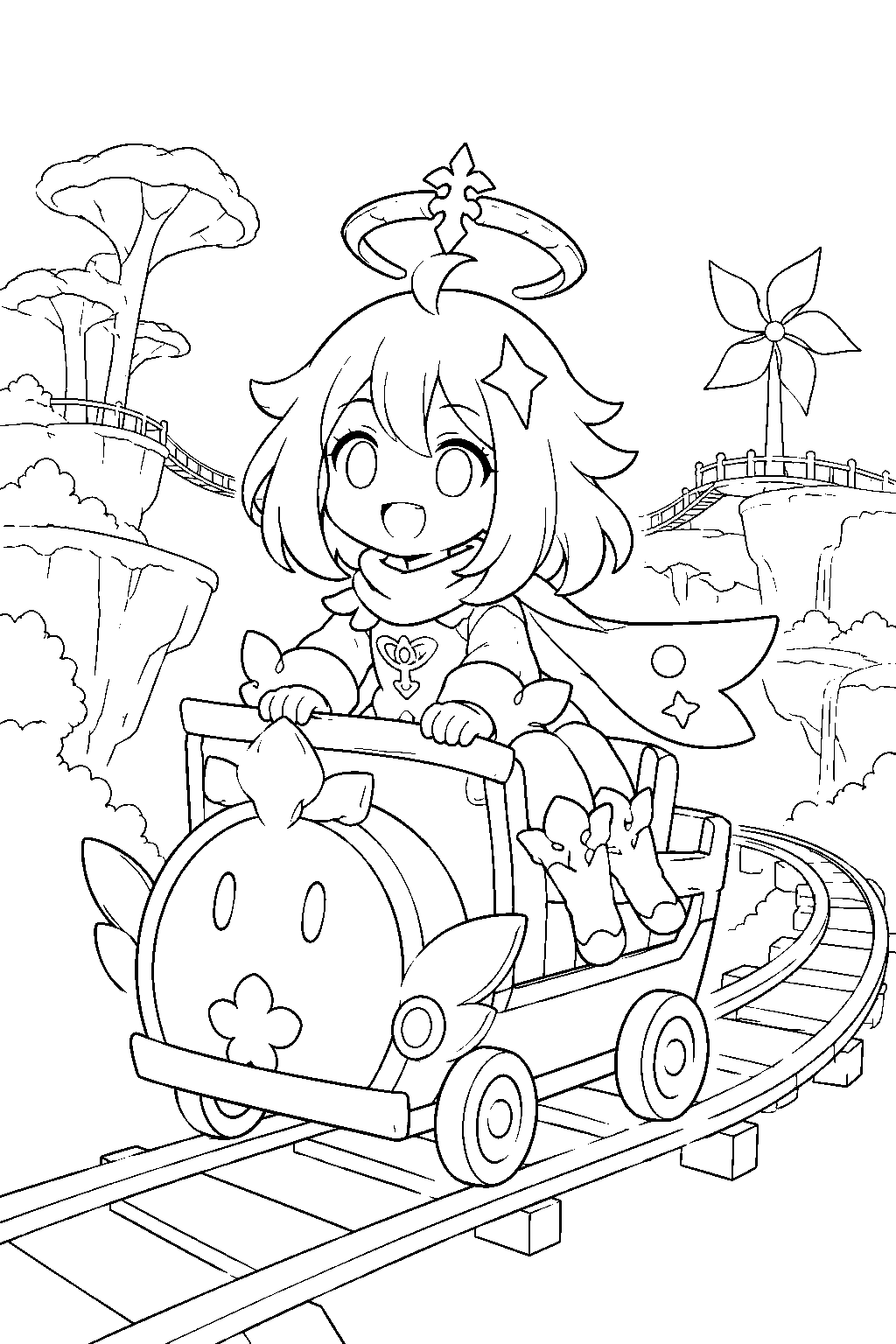 genshin impact paimon riding a choo choo cart through the veluriyam mirage line art