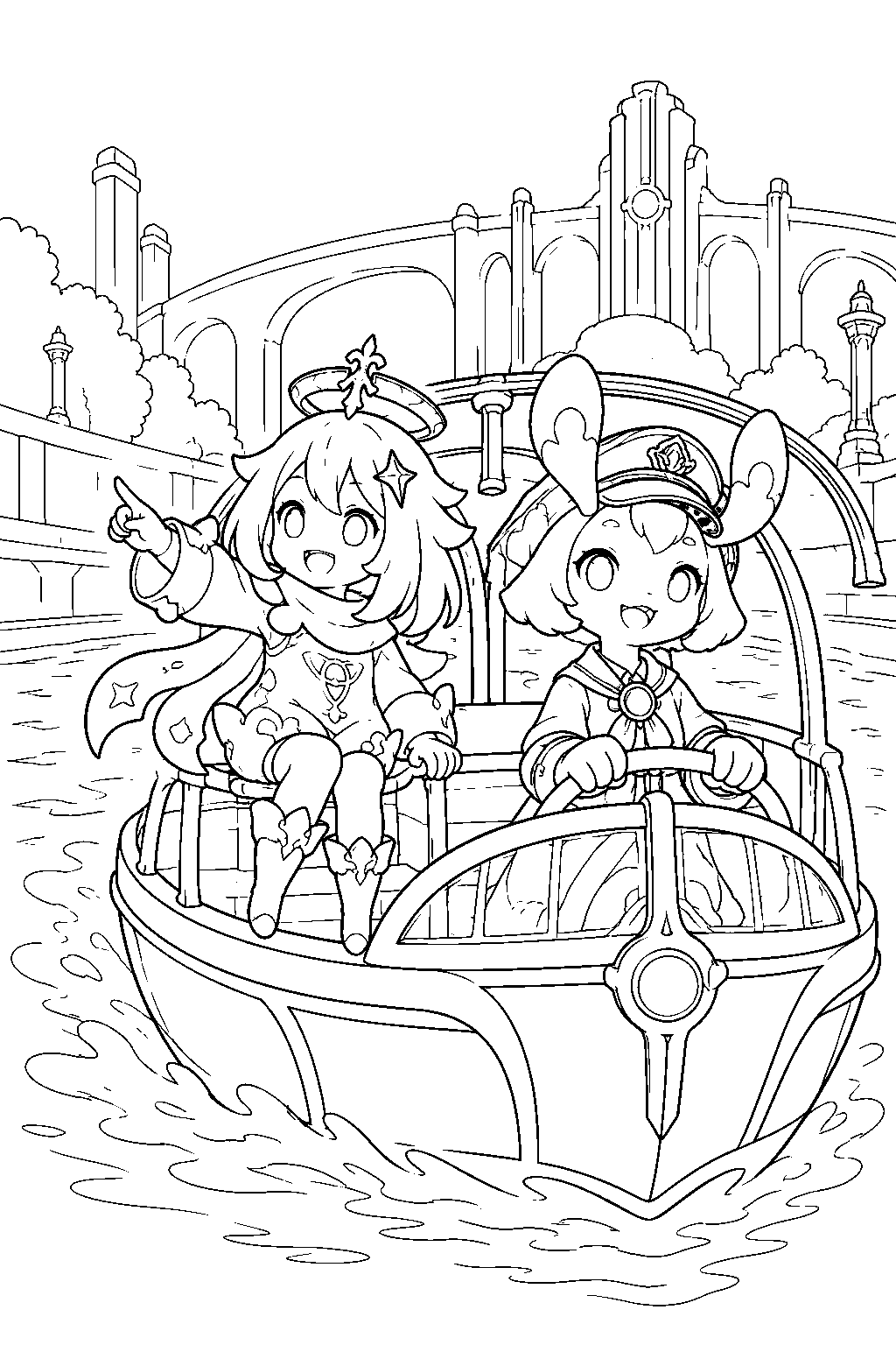 genshin impact paimon riding a fontaine aquabus with the melusine guide aeval line art