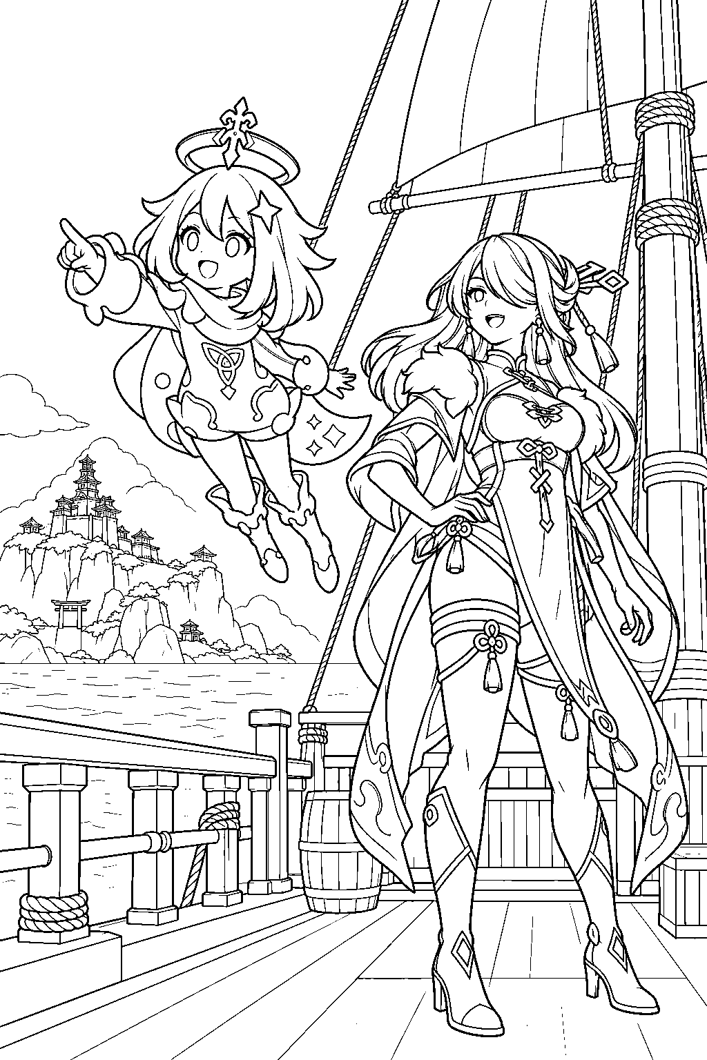 genshin impact paimon sailing to inazuma with beidou aboard the alcor line art