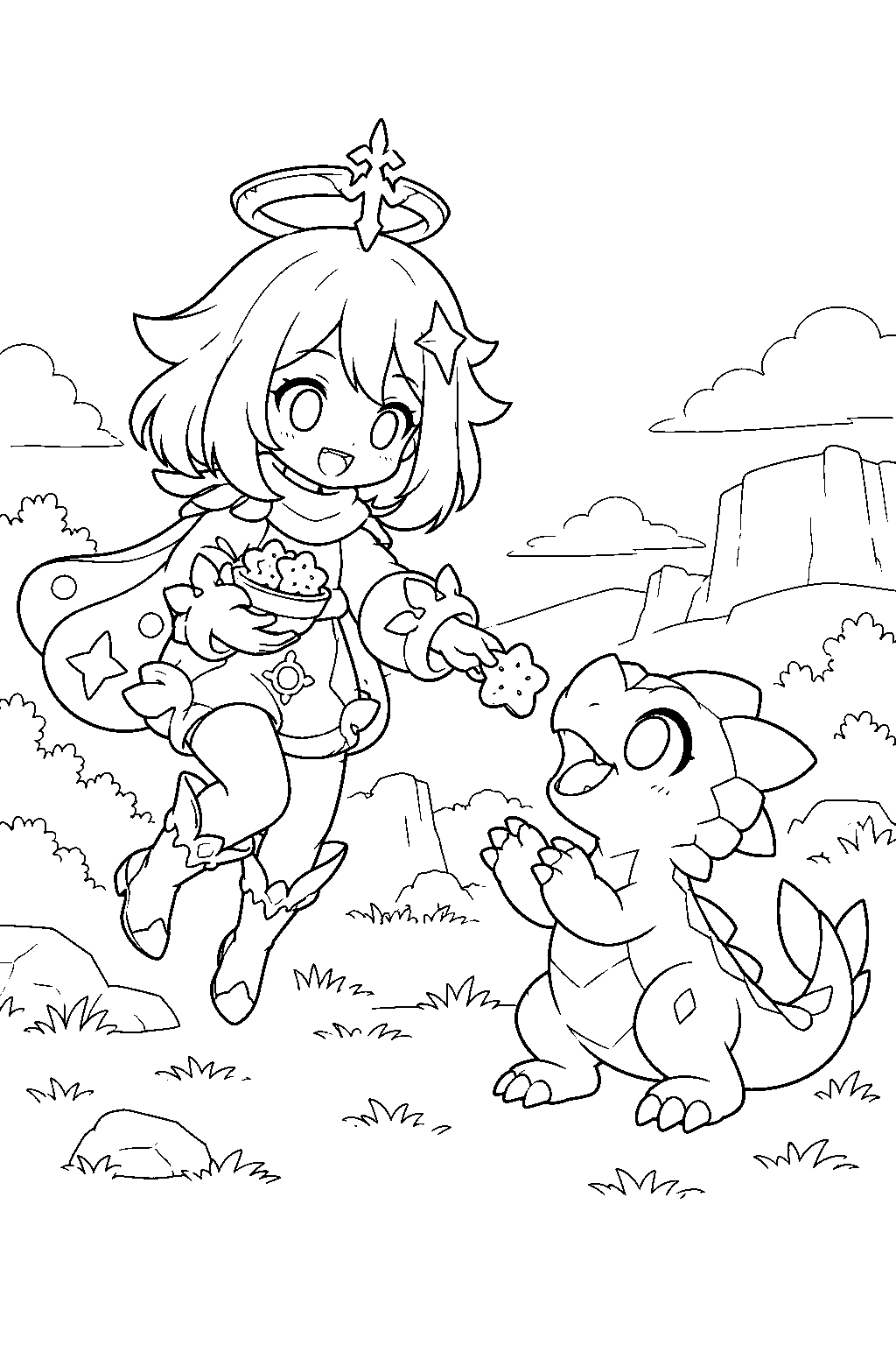 genshin impact paimon sharing saurus crackers with a baby saurian line art