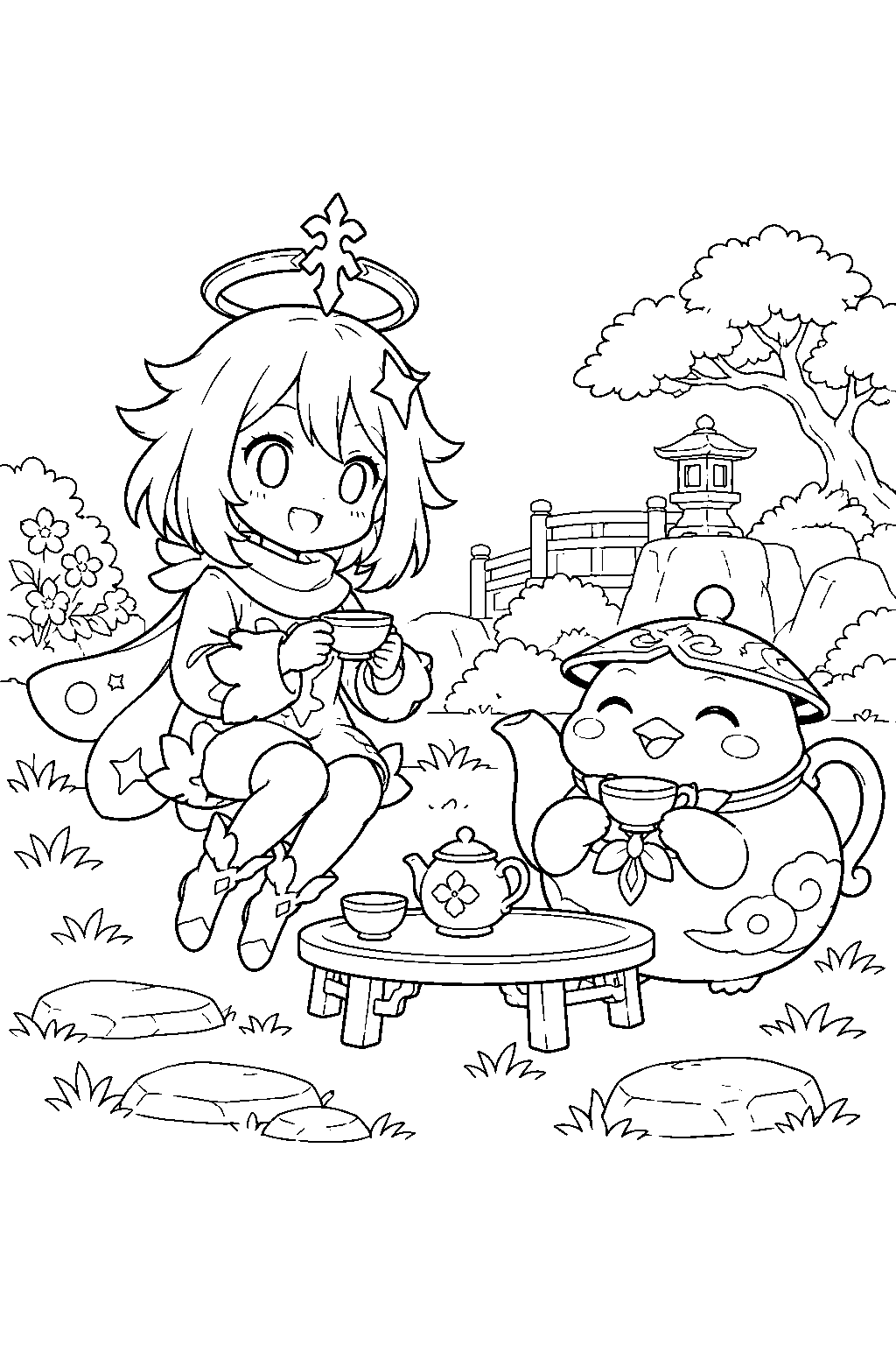 genshin impact paimon sharing teatime with tubby inside the serenitea pot line art
