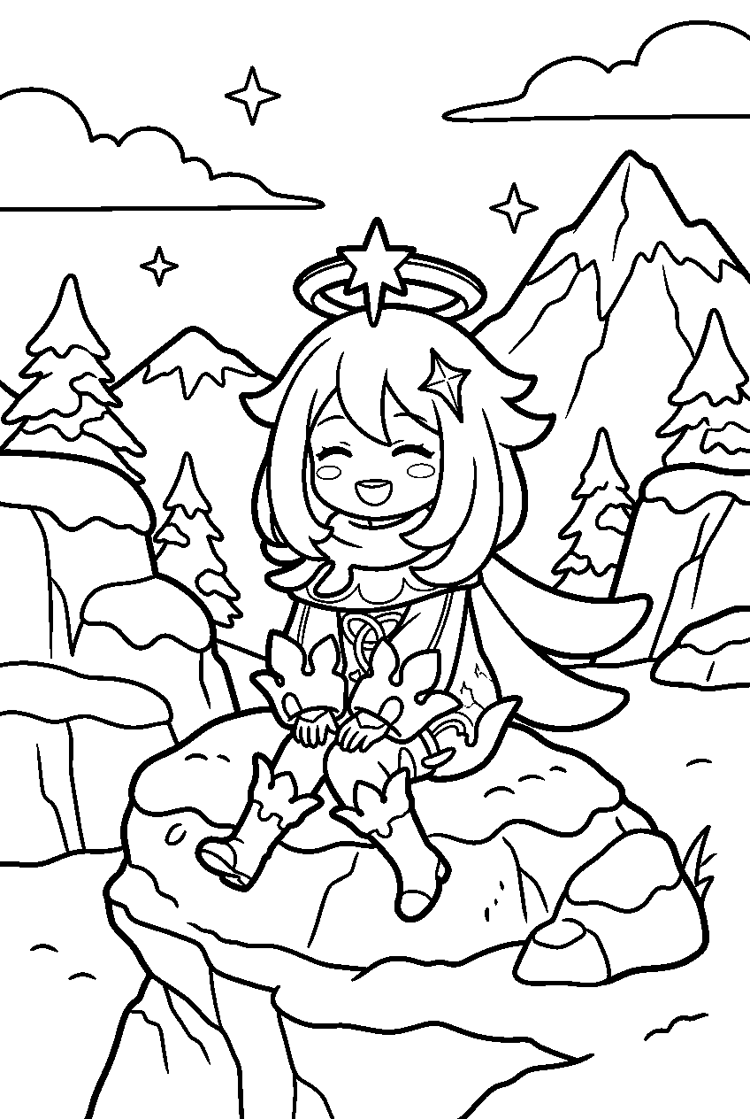genshin impact paimon sitting in dragonspine line art