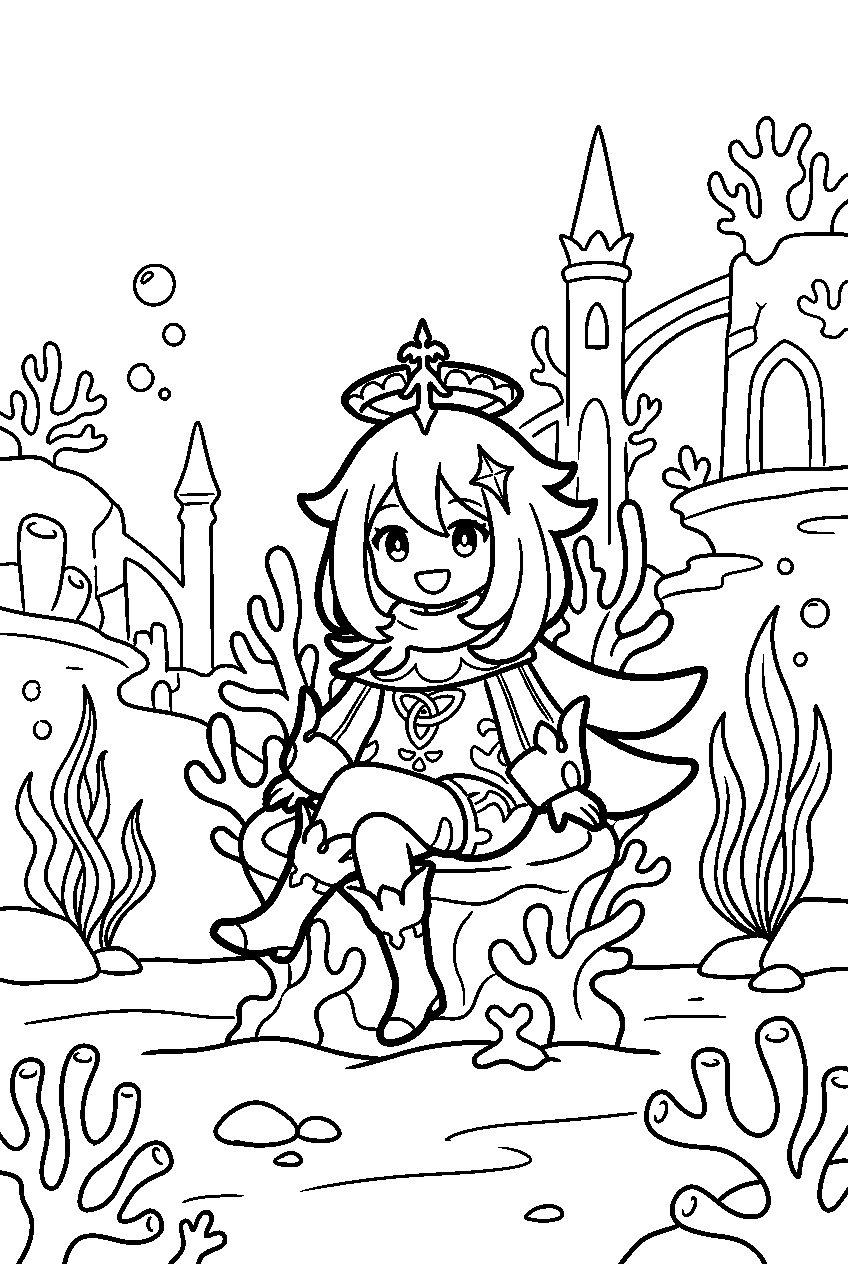 genshin impact paimon sitting in underwater kingdom line art