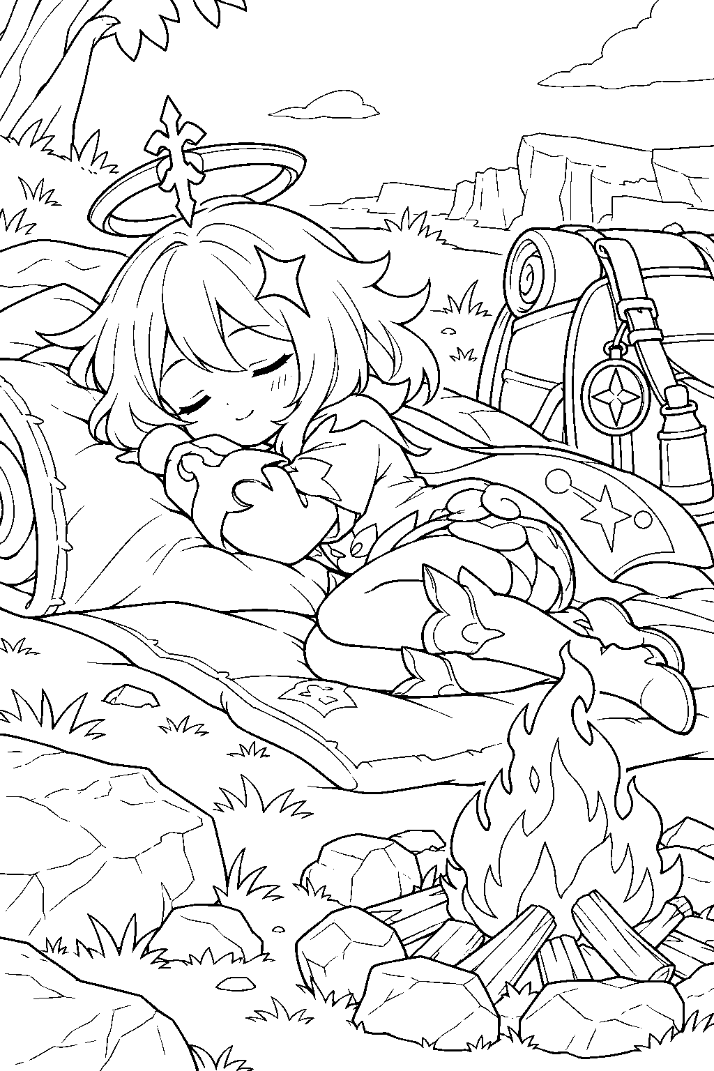 genshin impact paimon sleeping beside the traveler s campfire line art