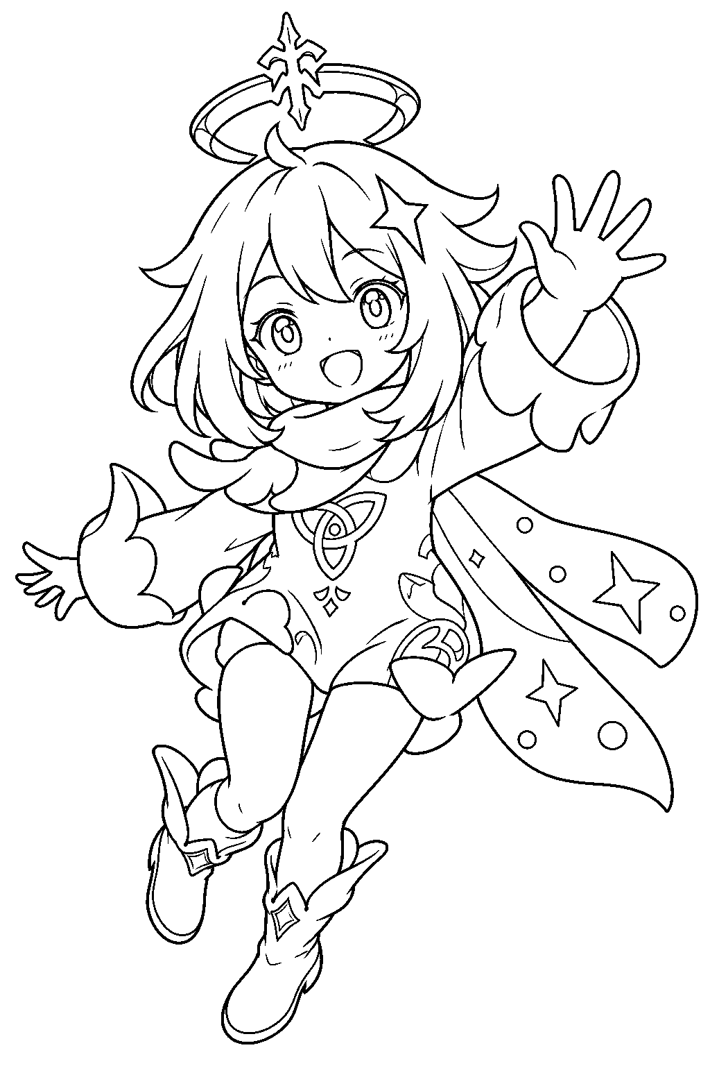 genshin impact paimon smiling and waving with her floating crown and star patterned cape line art