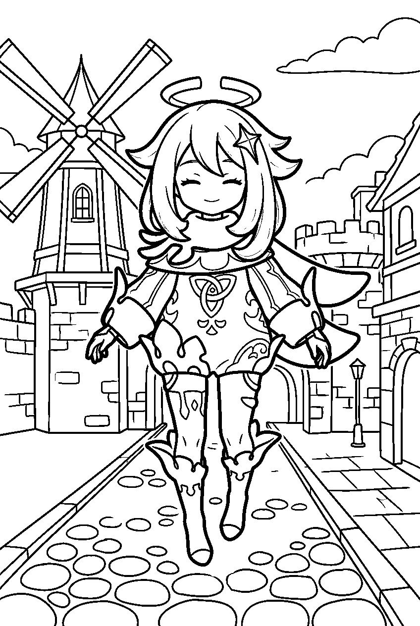 genshin impact paimon standing calmly in mondstadt city line art