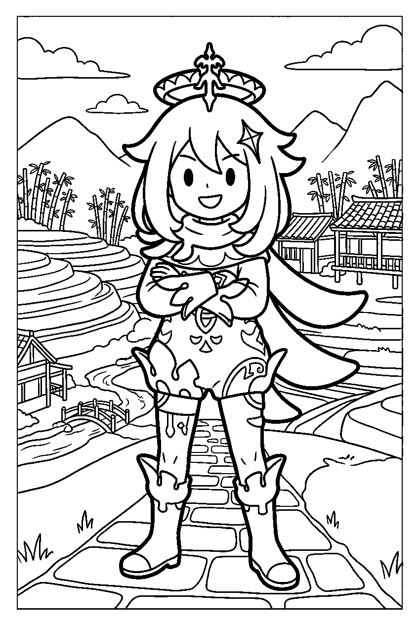 genshin impact paimon standing confidently in qingce village line art