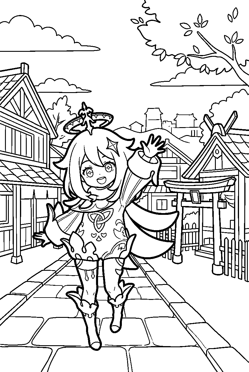 genshin impact paimon standing in inazuma city line art