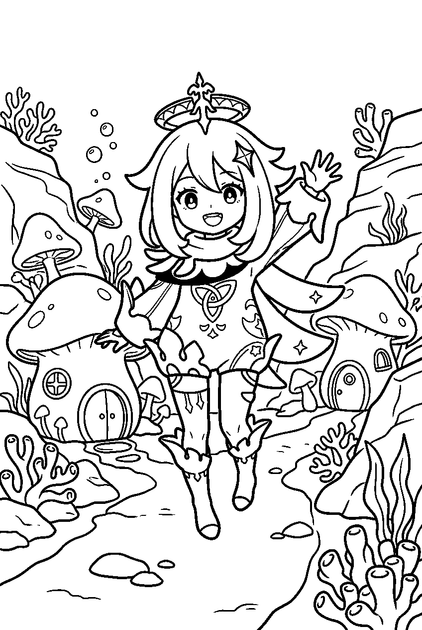 genshin impact paimon standing in merusea village line art