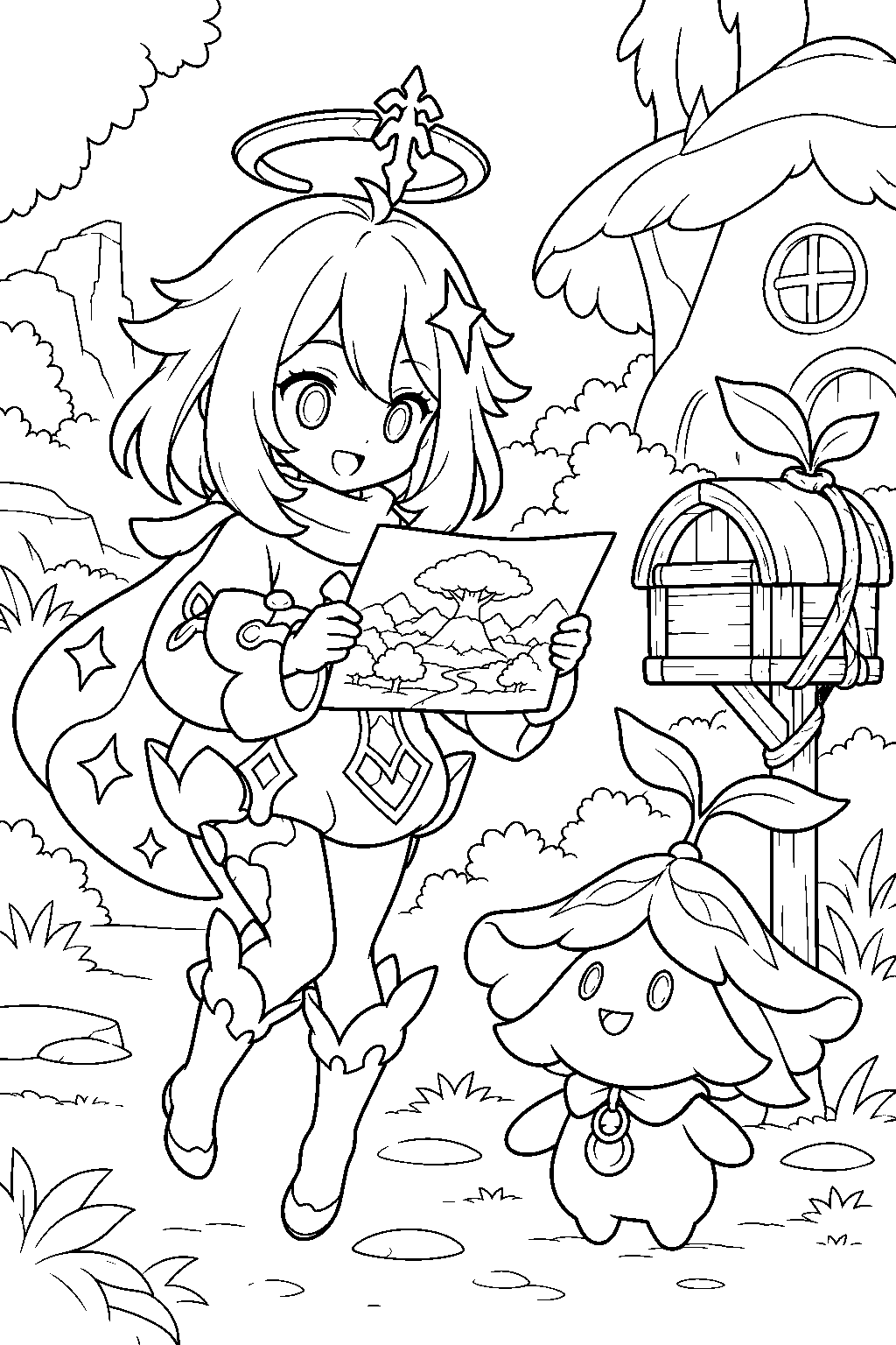 genshin impact paimon studying an aranara treasure painting beside a mailbox in vanarana line art