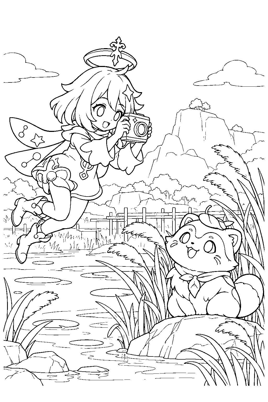 genshin impact paimon taking a picture of kichiboushi beside the reeds of dihua marsh line art