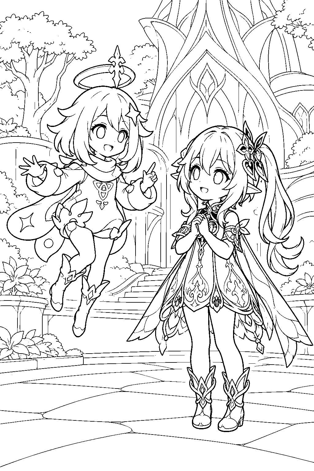 genshin impact paimon talking with nahida beside the sanctuary of surasthana line art