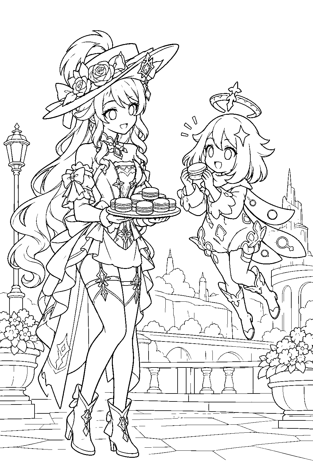 genshin impact paimon tasting navia s freshly baked macarons line art