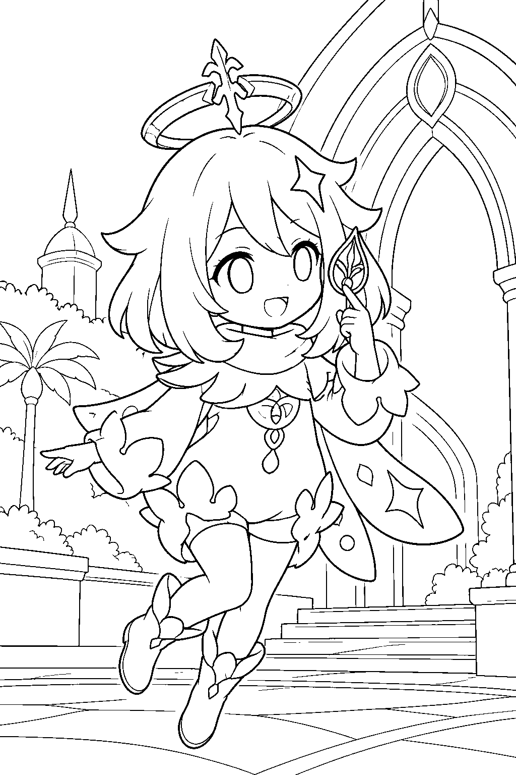 genshin impact paimon using her leaf shaped akasha terminal in sumeru city line art