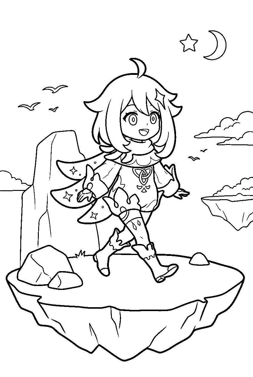 genshin impact paimon walking in floating island line art