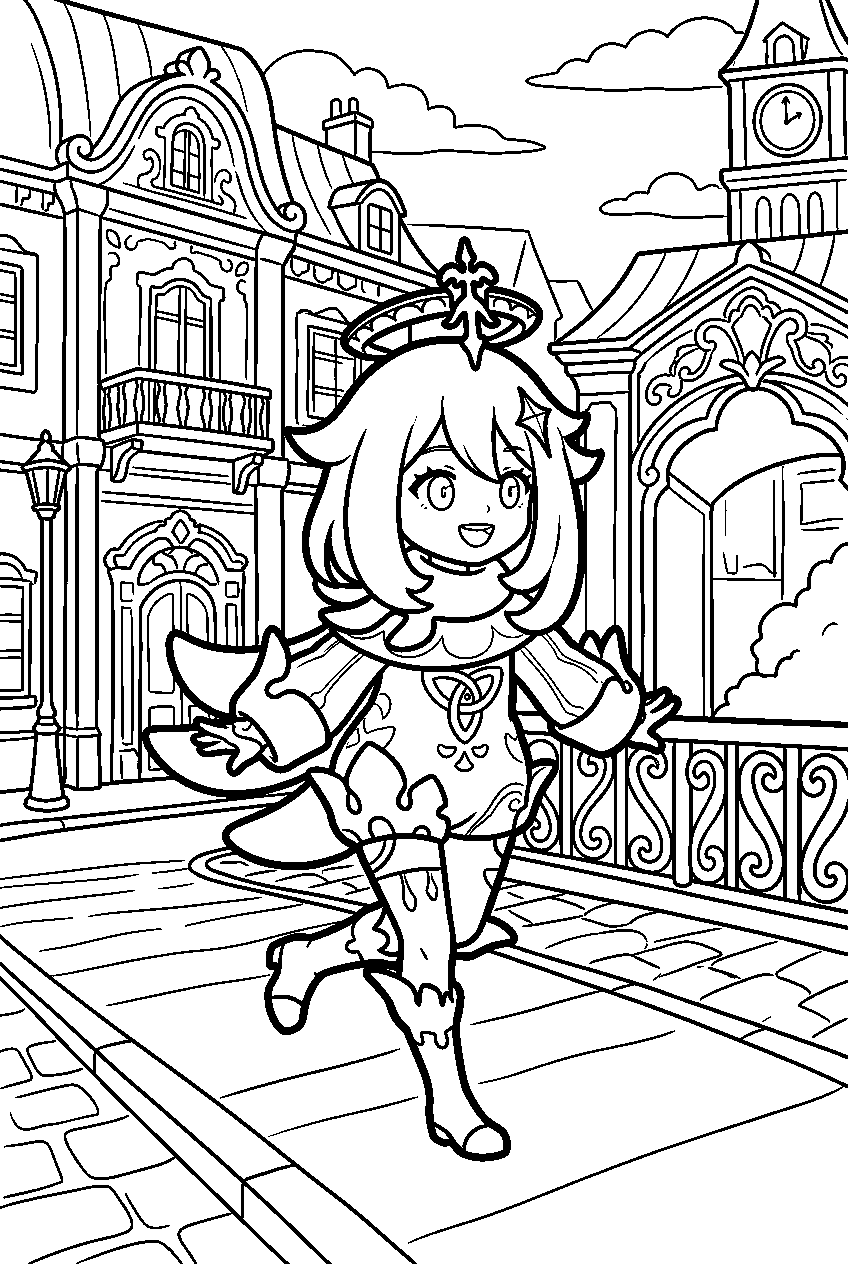 genshin impact paimon walking in fontaine city line art