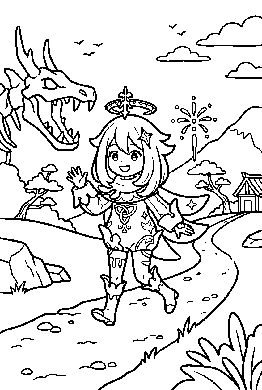 genshin impact paimon walking in yashiori island line art