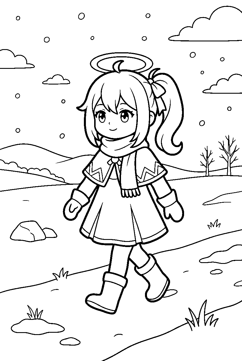genshin impact paimon walking slowly in snowy field line art