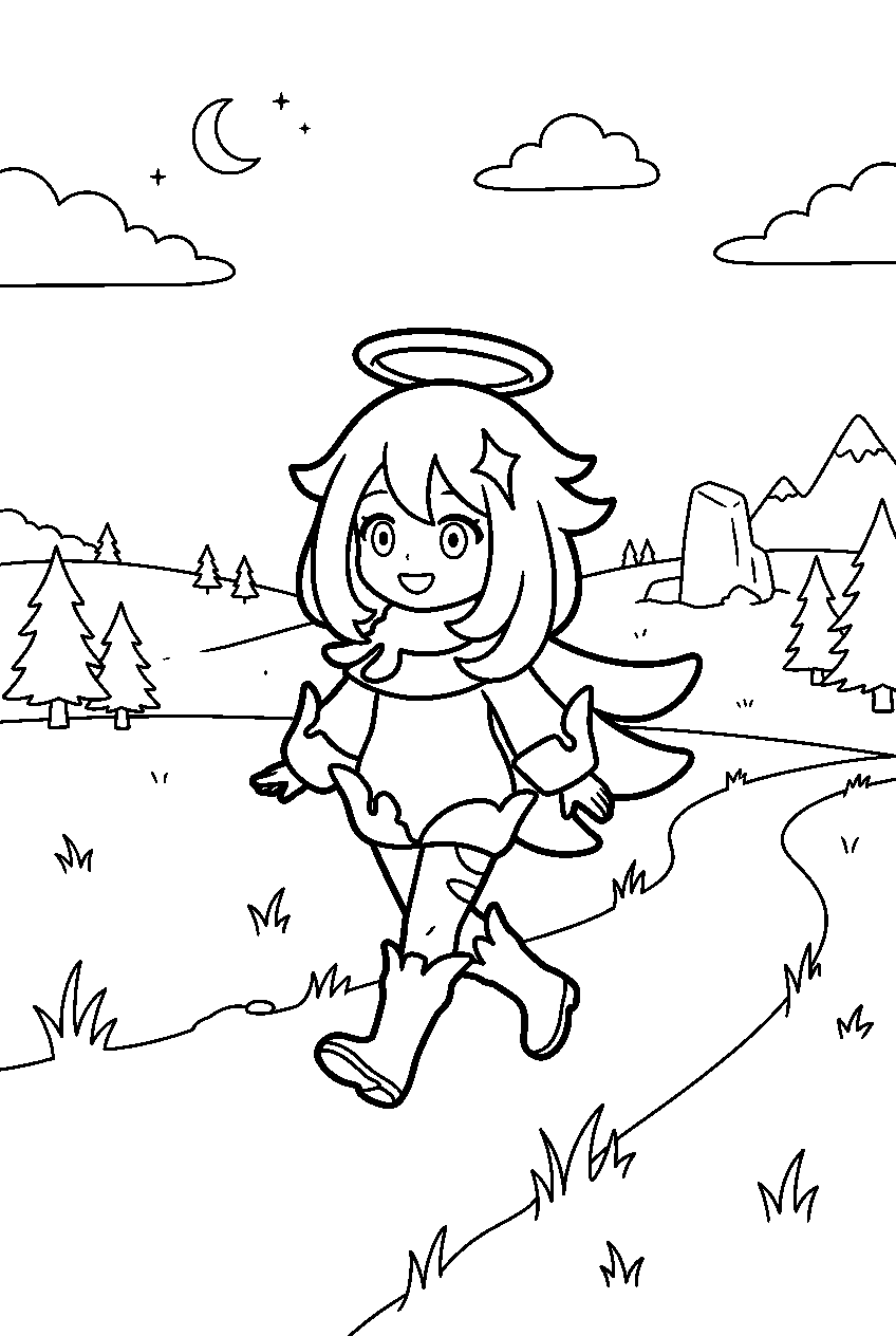 genshin impact paimon walking slowly in starfell valley line art