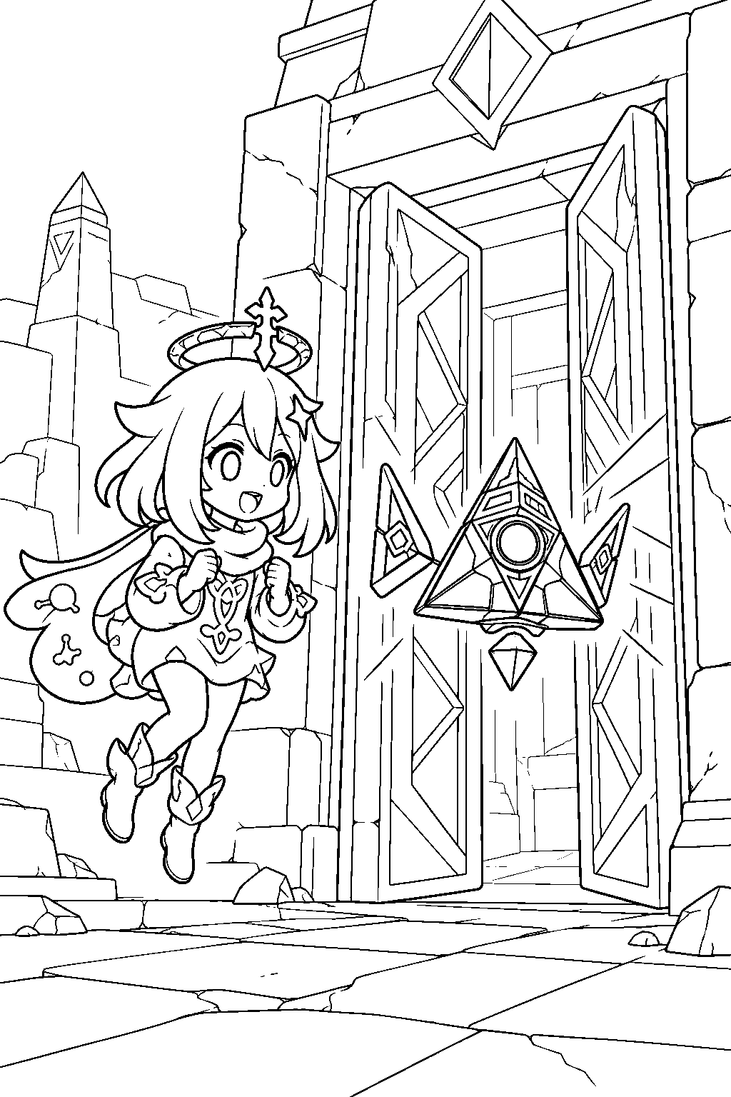 genshin impact paimon watching benben open a stone door in king deshret s ruins line art