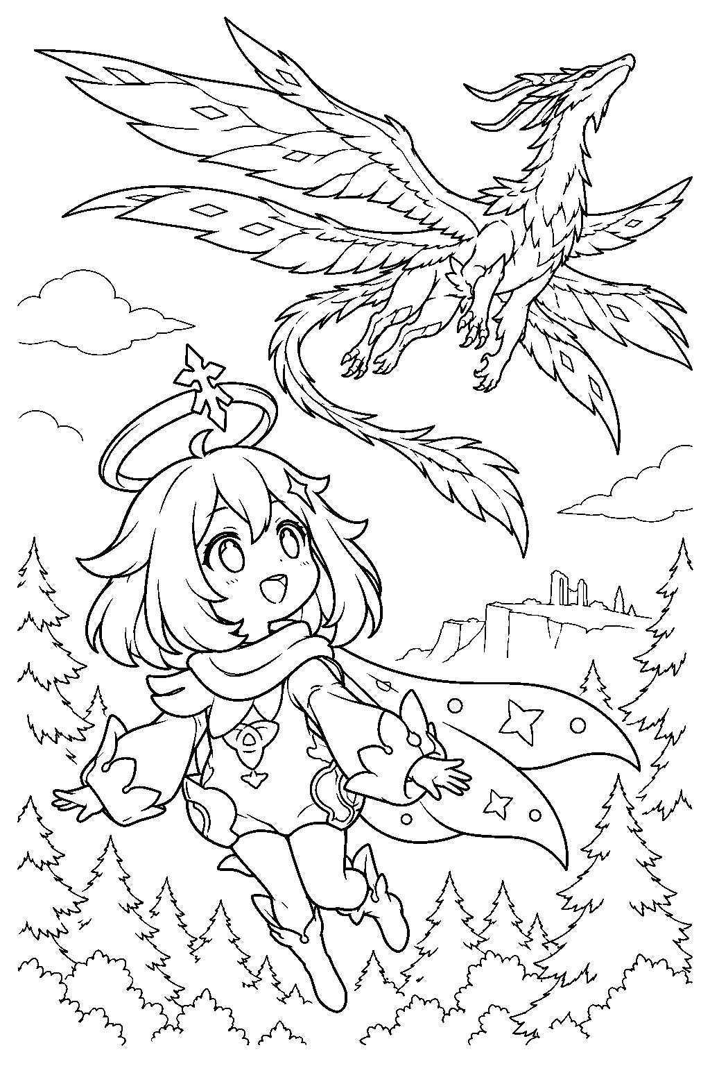 genshin impact paimon watching dvalin fly above the whispering woods line art