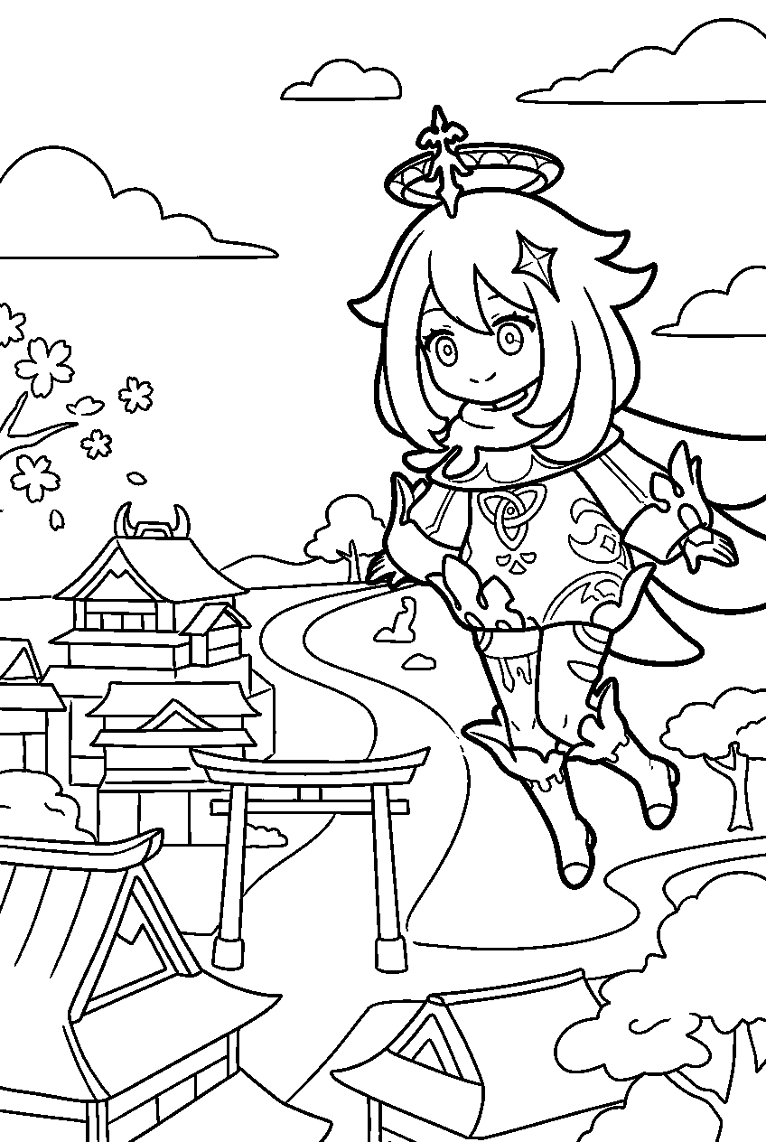 genshin impact paimon watching in inazuma city line art