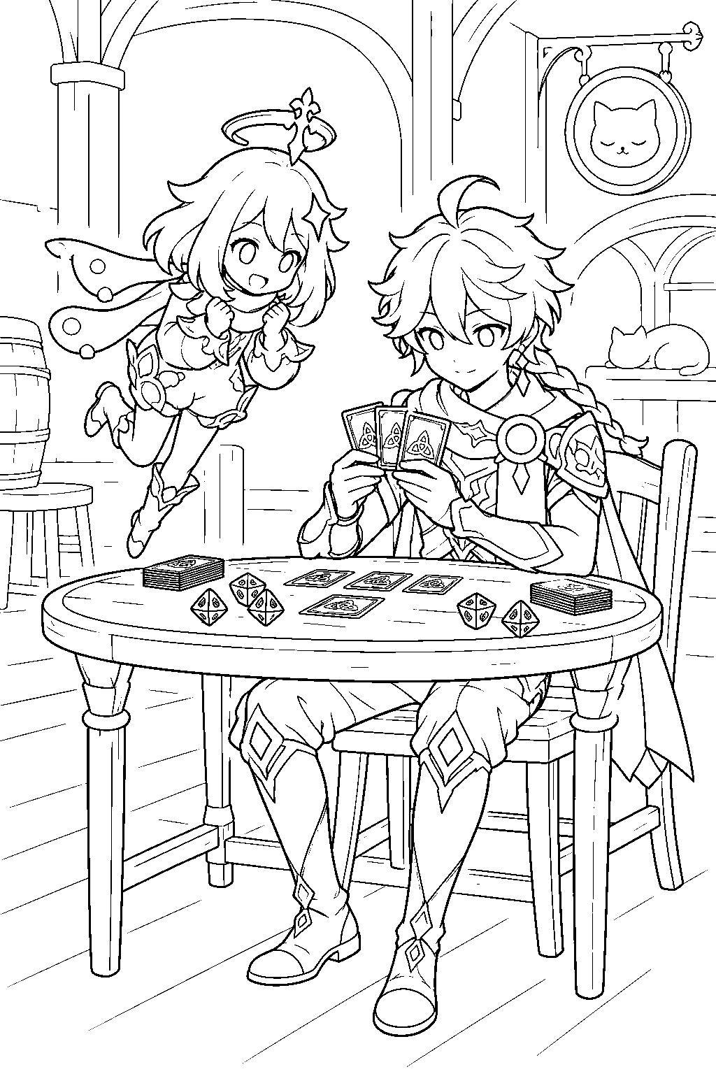 genshin impact paimon watching the traveler play genius invokation tcg at the cat s tail line art