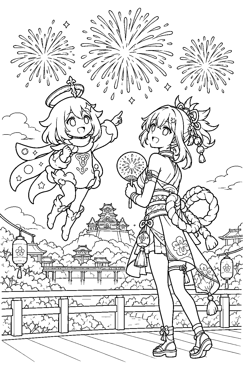 genshin impact paimon watching yoimiya s fireworks over inazuma line art