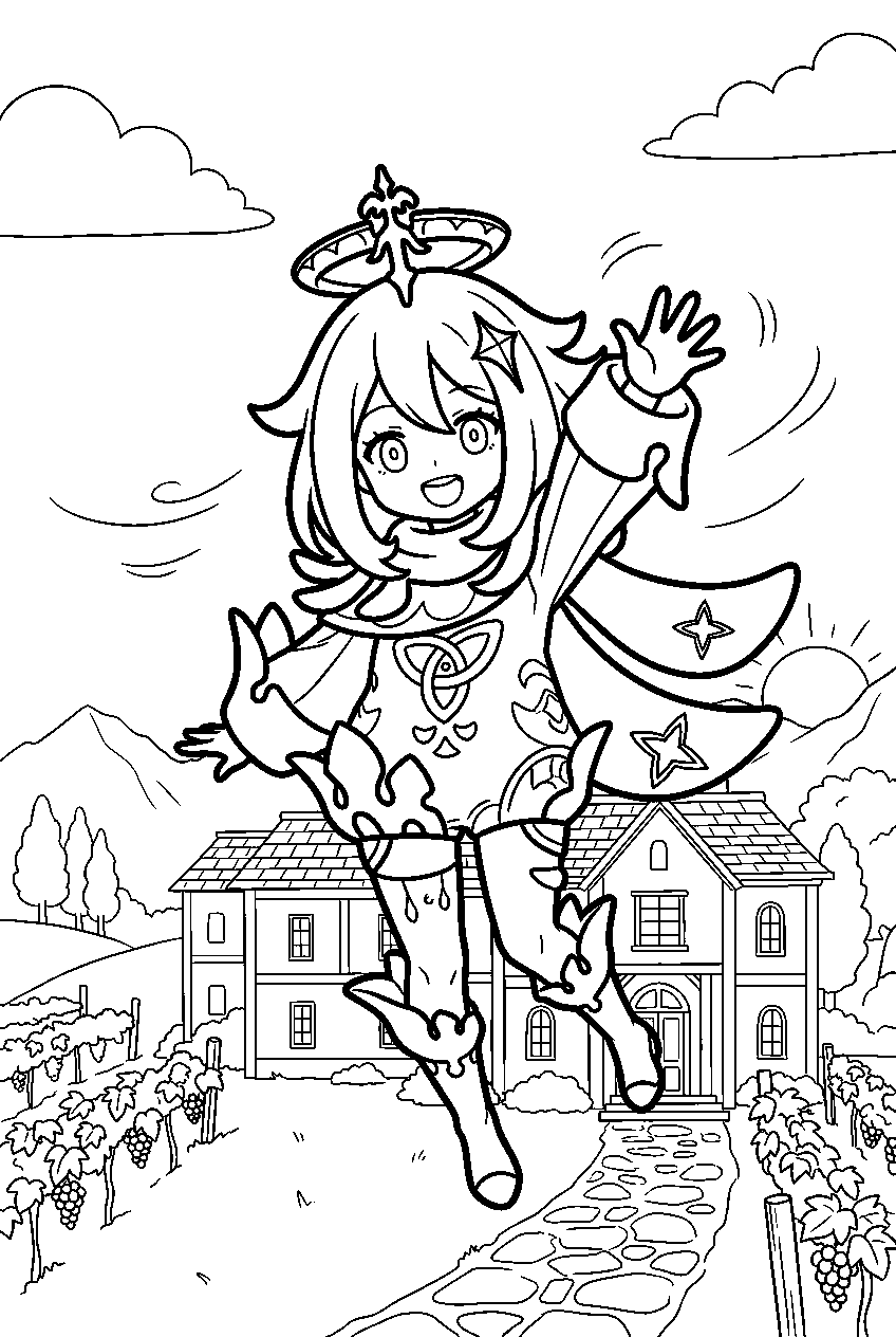 genshin impact paimon waving in dawn winery line art