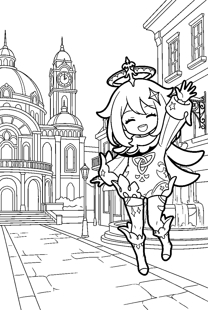 genshin impact paimon waving in fontaine city line art