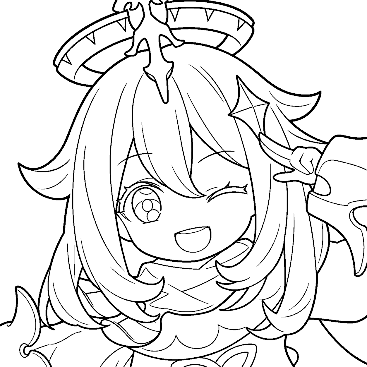 genshin impact paimon winking chibi line art cute anime sheet
