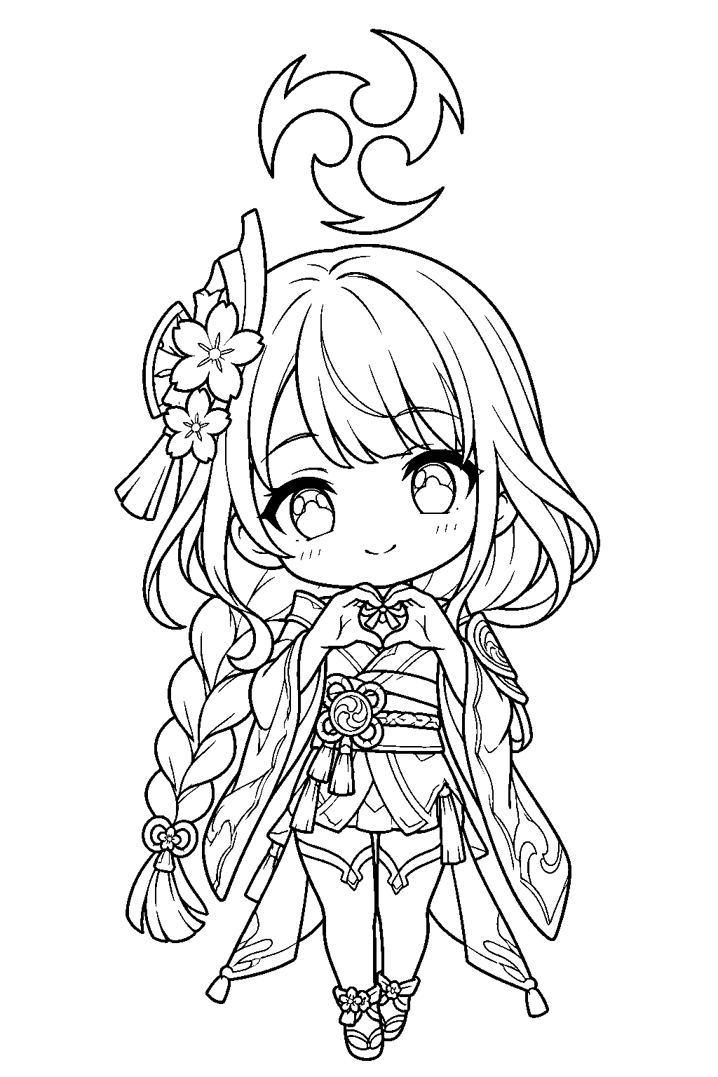 genshin impact chibi raiden shogun making a heart gesture beneath the electro emblem line art