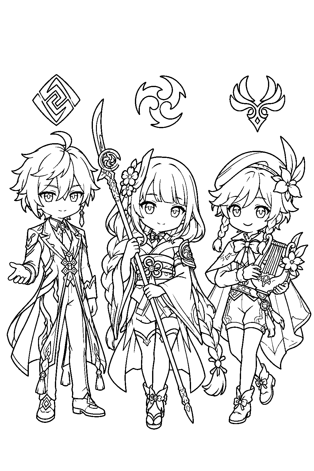 genshin impact chibi raiden shogun with zhongli and venti beneath their elemental symbols line art