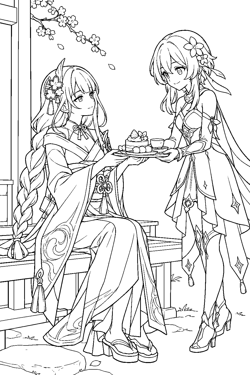 genshin impact raiden shogun accepting birthday desserts from the traveler line art