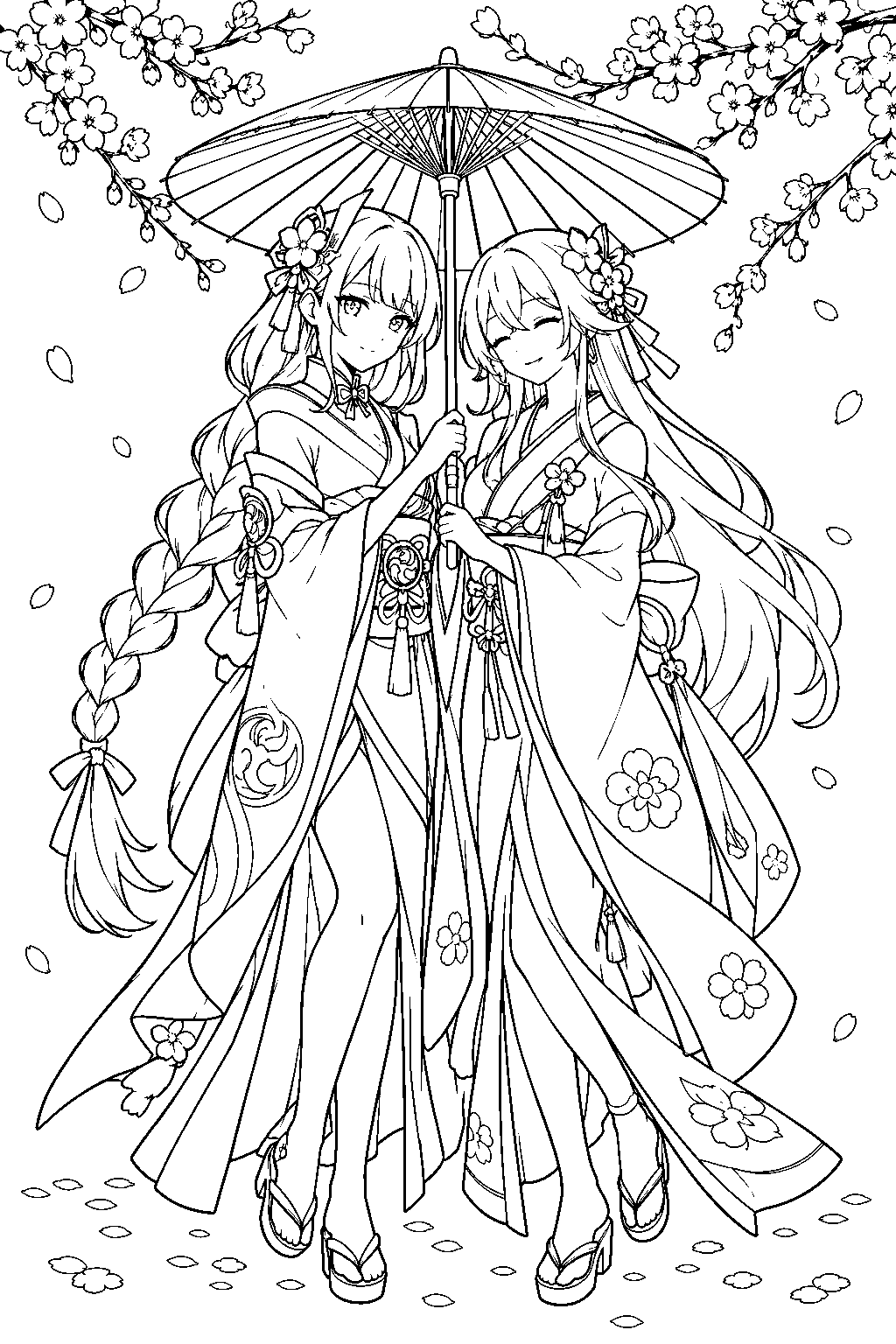genshin impact raiden shogun and raiden makoto sharing an umbrella beneath sakura blossoms line art
