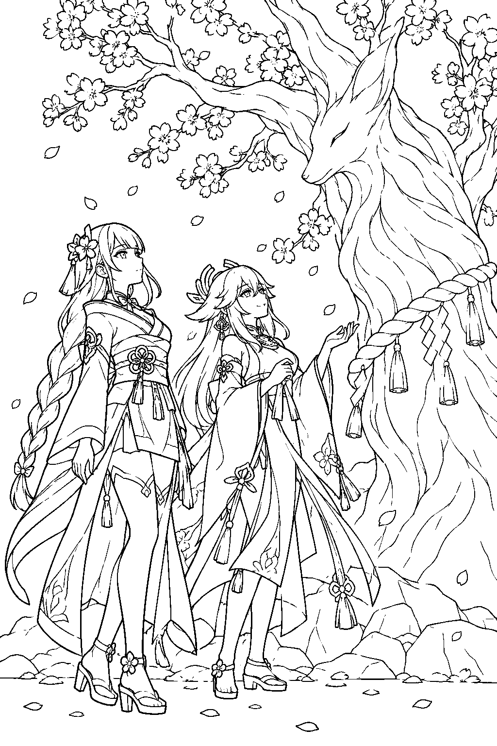 genshin impact raiden shogun and yae miko admiring the sacred sakura after the final duel line art