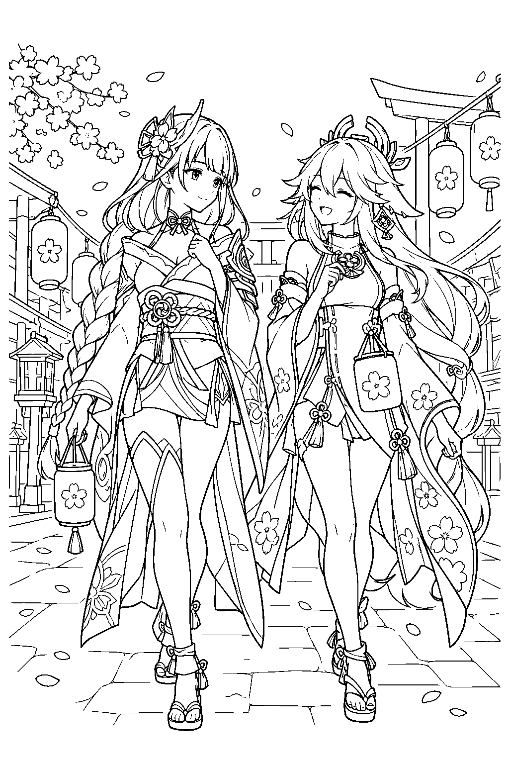 genshin impact raiden shogun attending the mikawa flower festival with yae miko line art