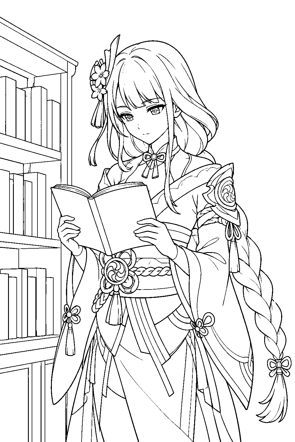genshin impact raiden shogun browsing light novels at yae publishing house line art