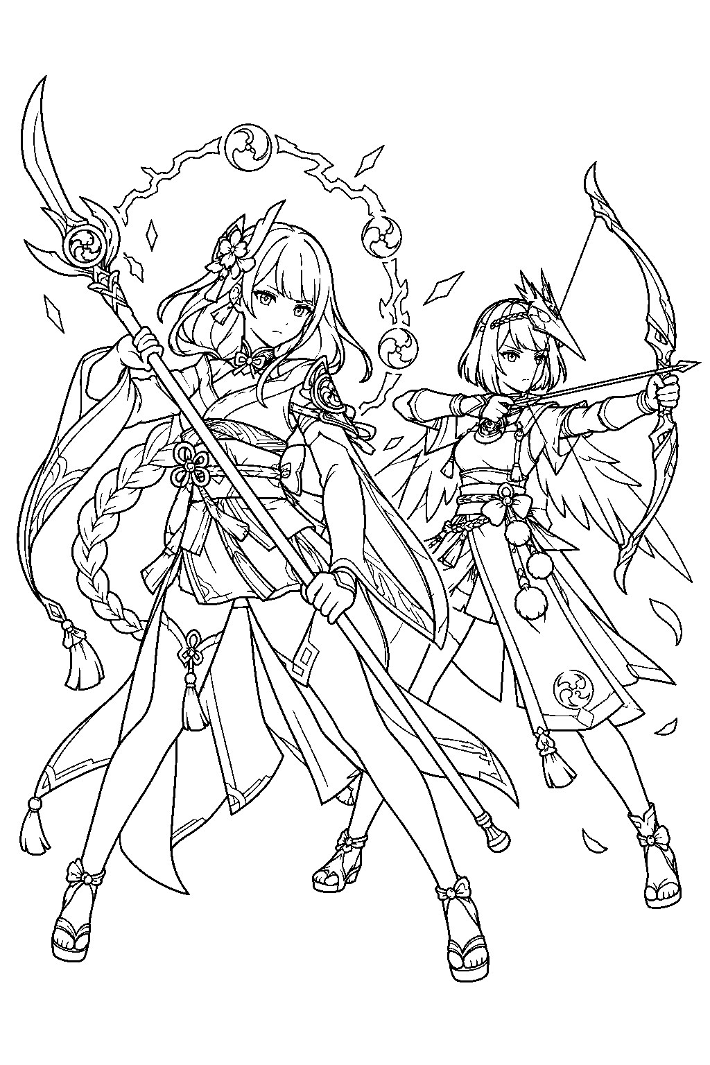genshin impact raiden shogun charging her chakra desiderata ring beside kujou sara in battle line art