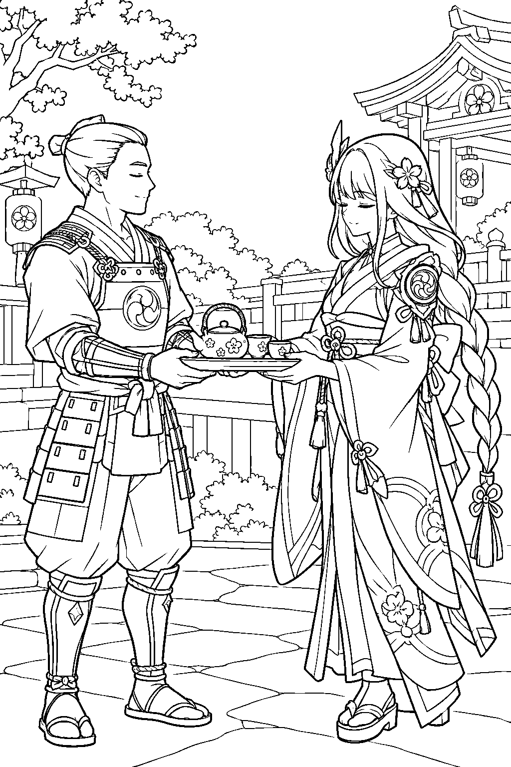 genshin impact raiden shogun collecting a tea set from hirano at the kamisato estate line art