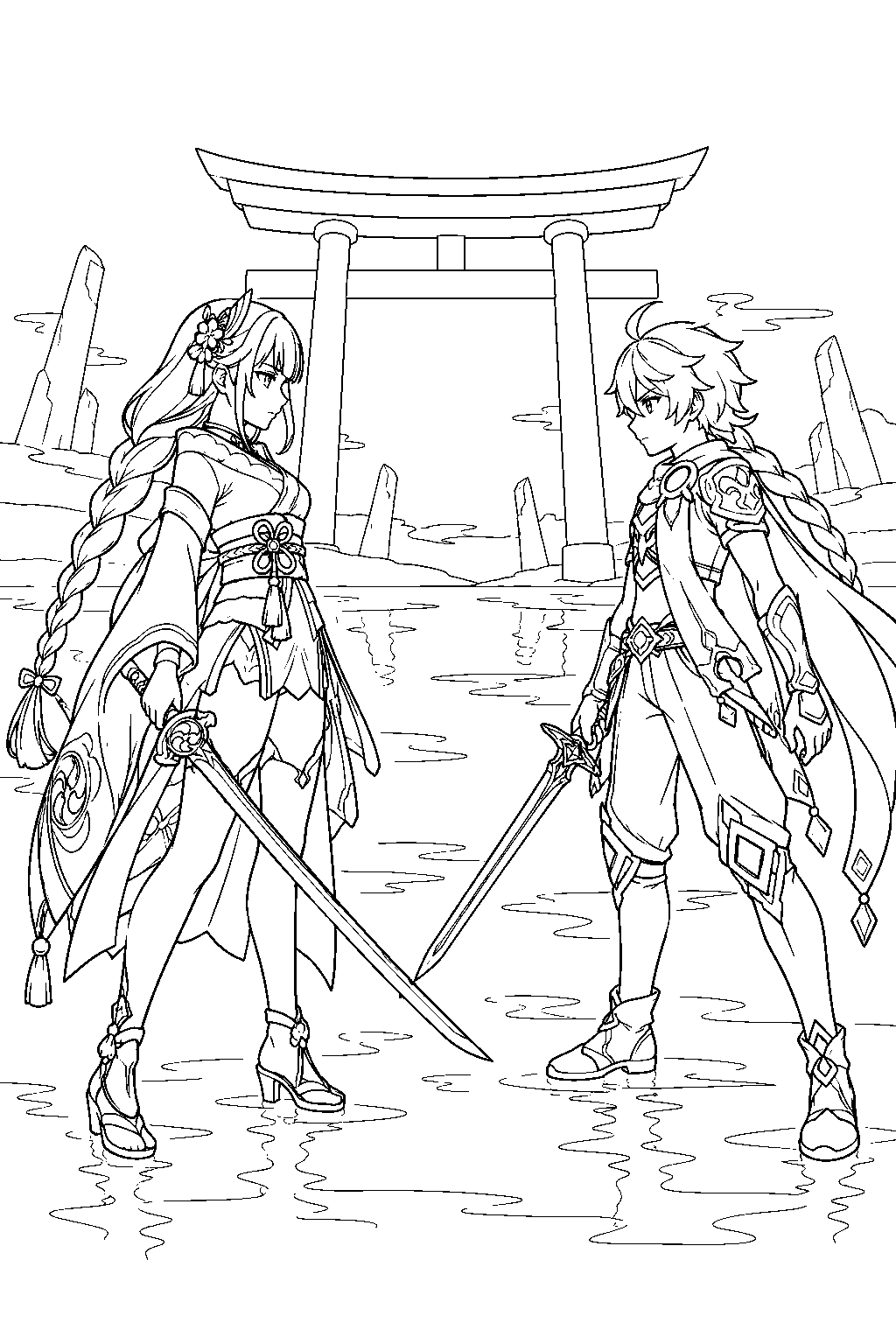 genshin impact raiden shogun confronting aether in the plane of euthymia line art