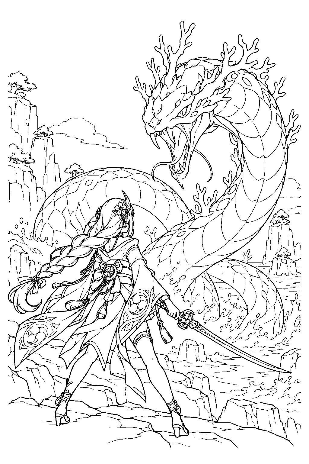 genshin impact raiden shogun confronting the giant serpent orobashi on yashiori island line art