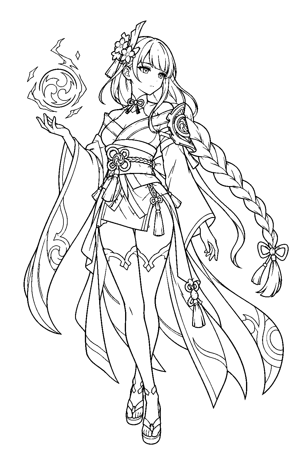 genshin impact raiden shogun contemplating an electro orb in her palm line art