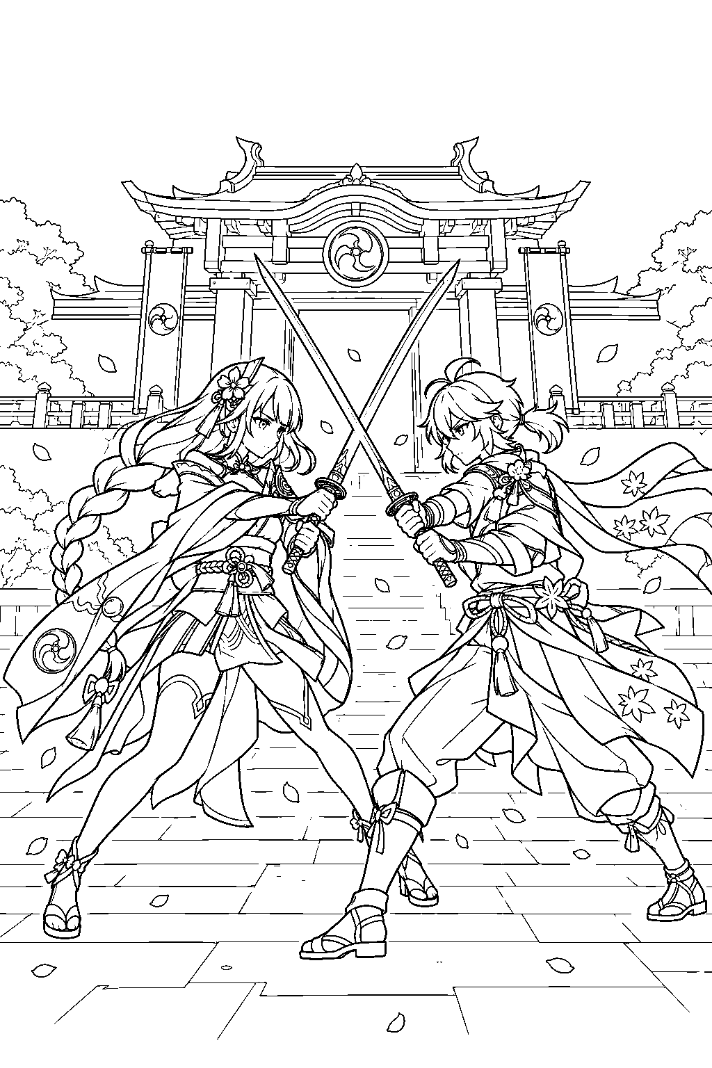 genshin impact raiden shogun crossing blades with kazuha at the tenshukaku gate line art