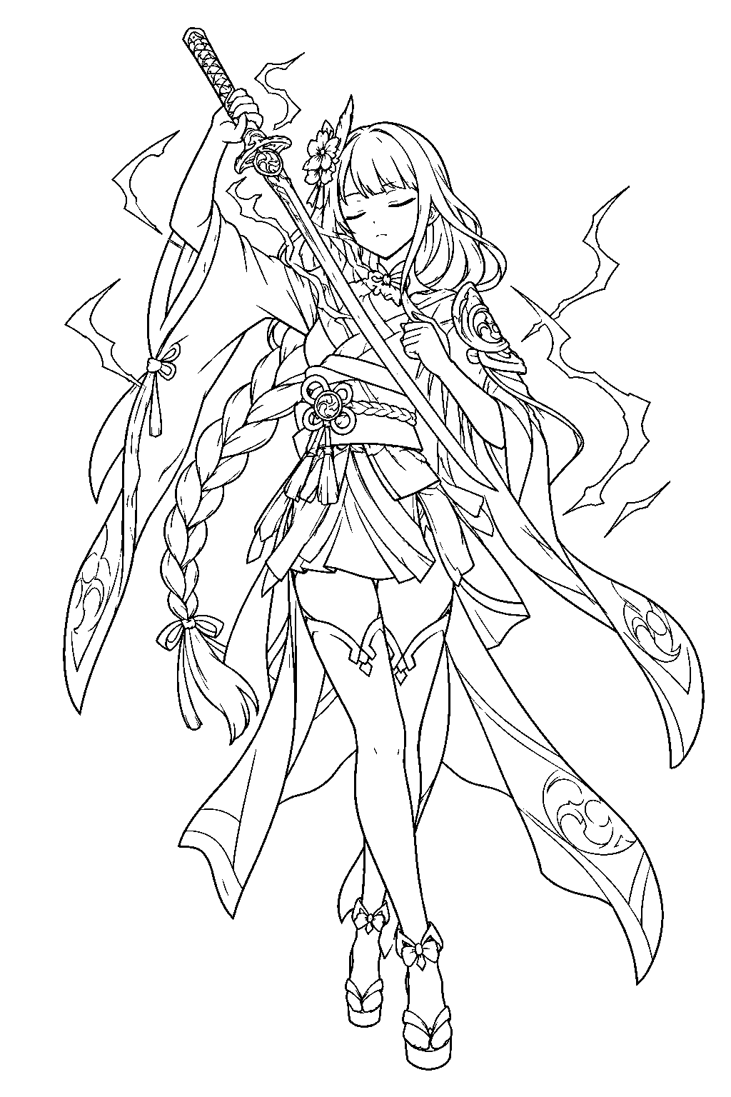 genshin impact raiden shogun drawing the musou isshin sword in a flash of lightning line art