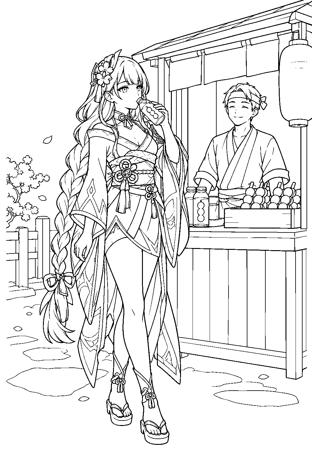 genshin impact raiden shogun drinking dango milk at tomoki s street stall line art